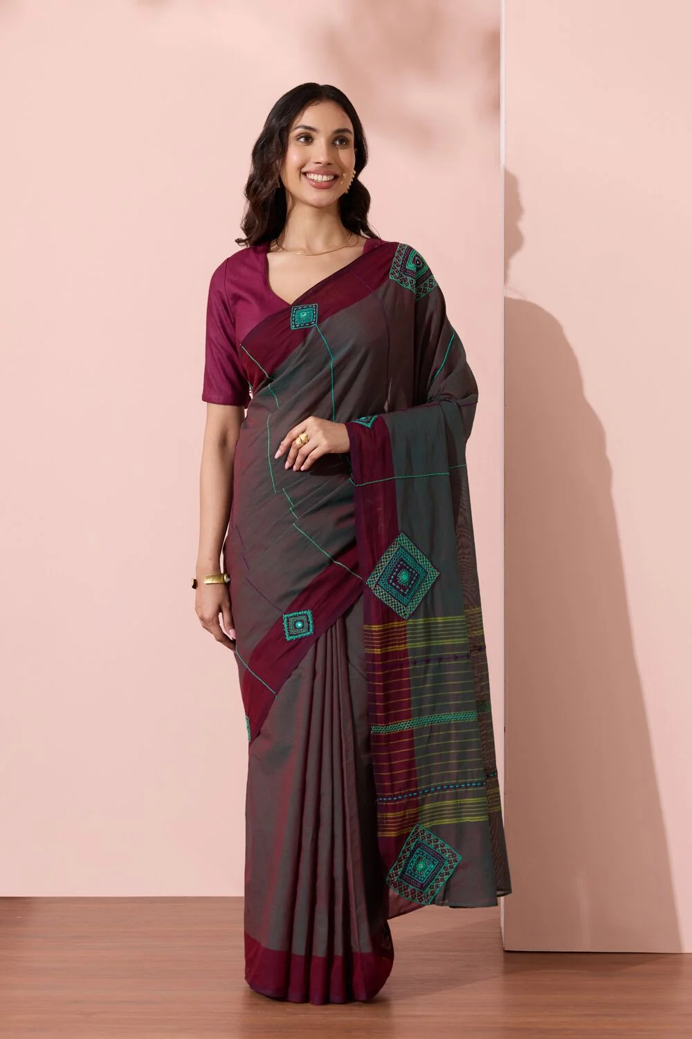 Dark Green Karnataka Pure Cotton Lambani Saree with No Blouse Piece